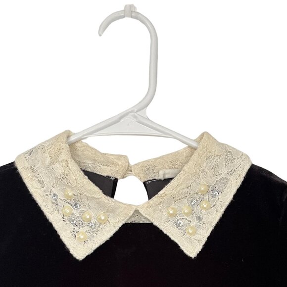 Knit Works Girls 12 Black Velvet Dress Pearl Lace Collar Holiday Party Outfit - Picture 9 of 13